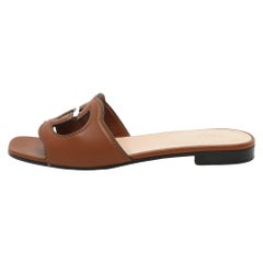 Gucci Brown Leather Interlocking G Flat Slides Size 37.5