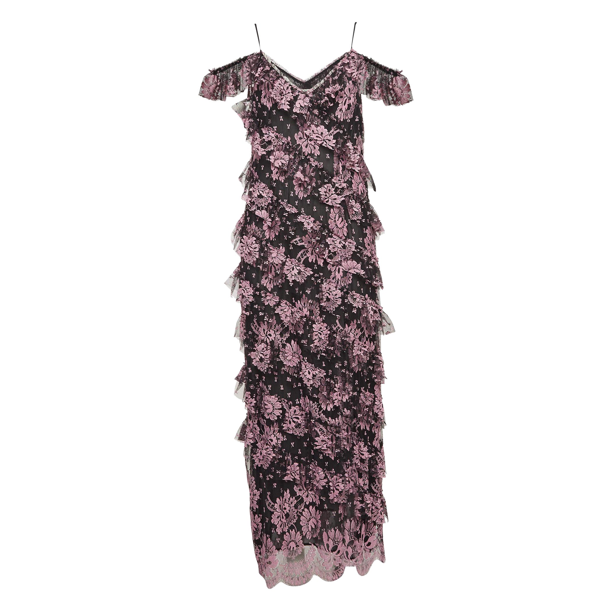 Alessandra Rich - Robe midi à volants en dentelle florale noire, taille M