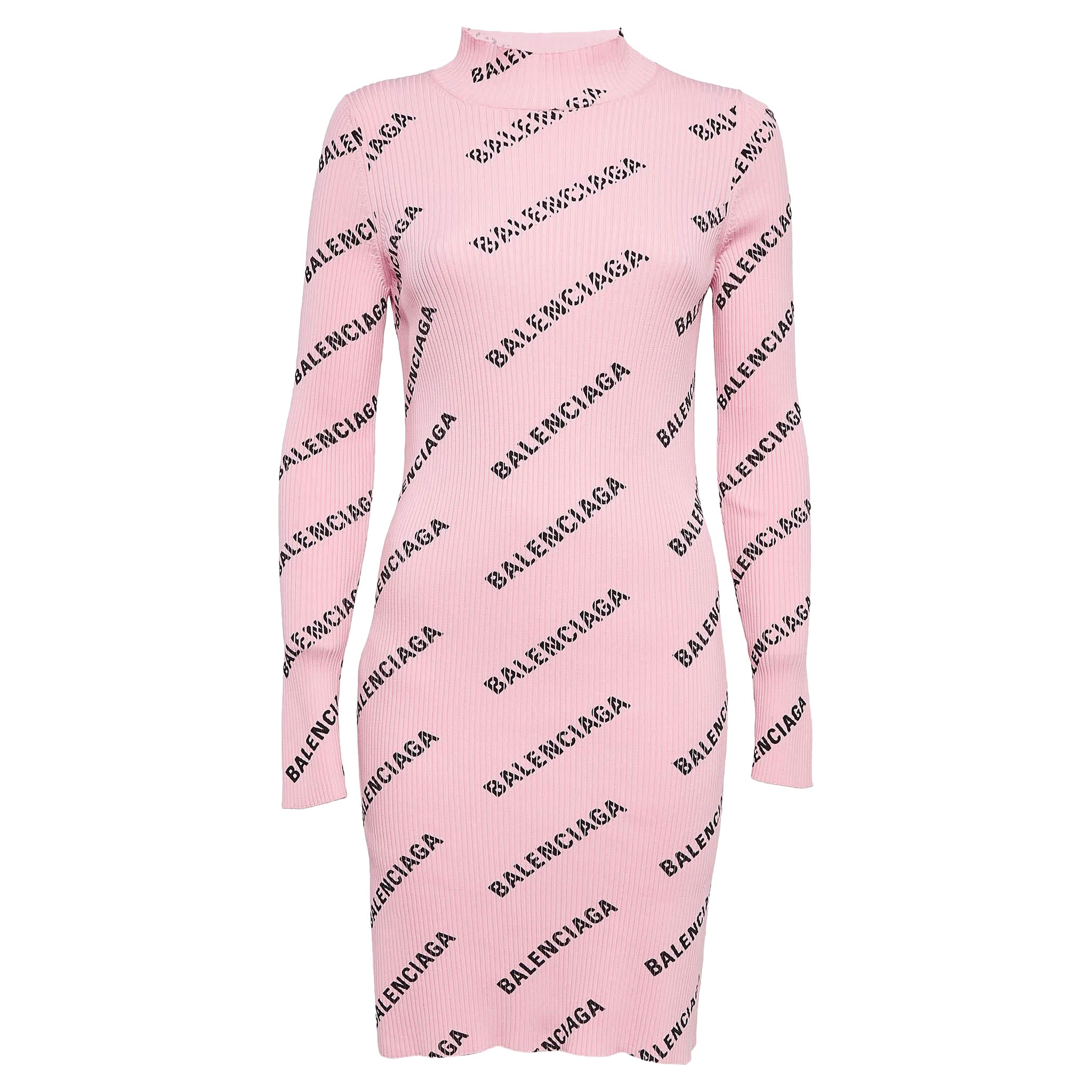 Balenciaga Pink Logo Print Rib Knit Bodycon Dress M