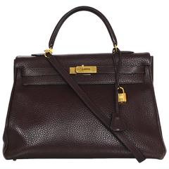 Hermes Brown Clemence Leather 35cm Kelly Bag w/ Strap