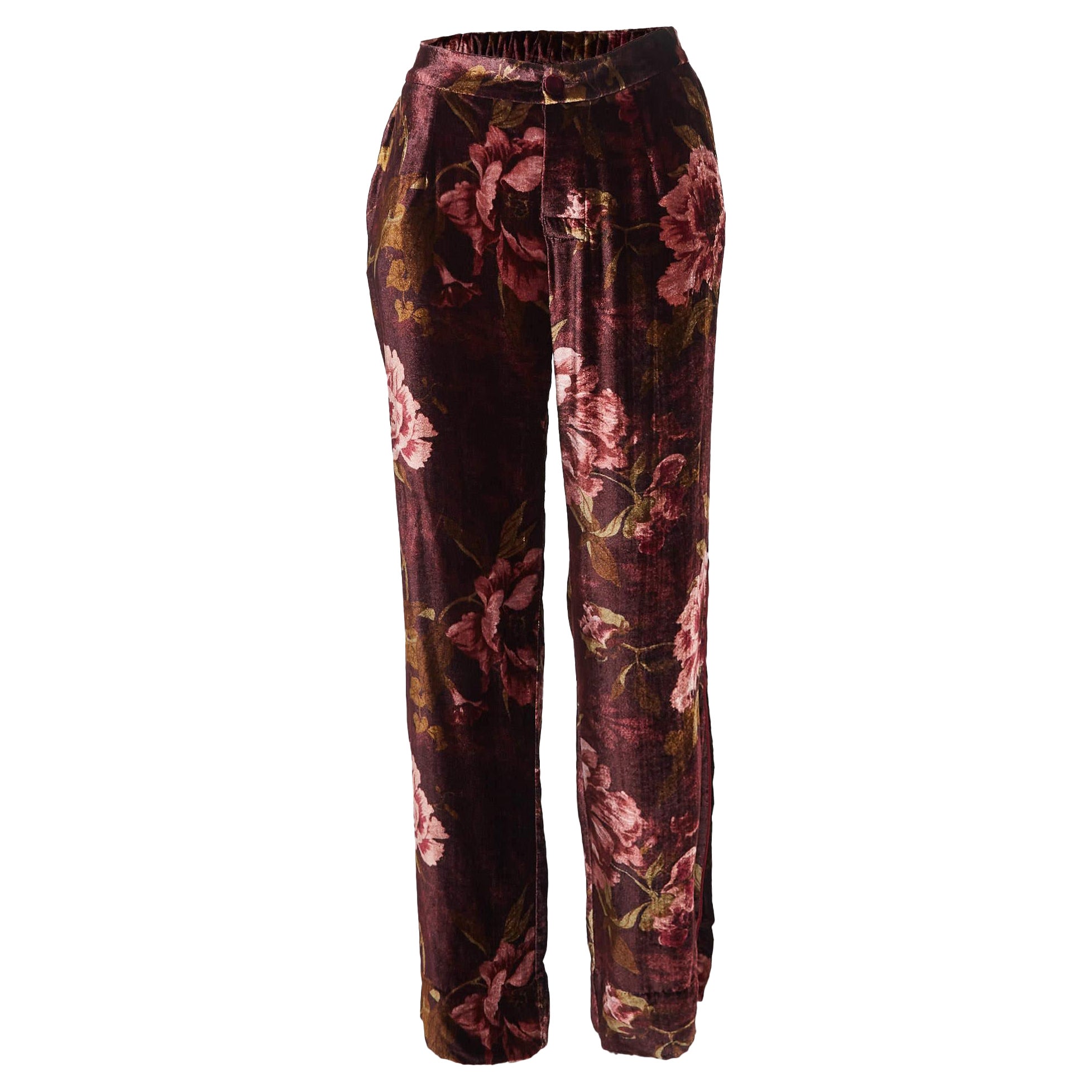 F.R.S For Restless Sleepers Pantalones de terciopelo con estampado floral burdeos M