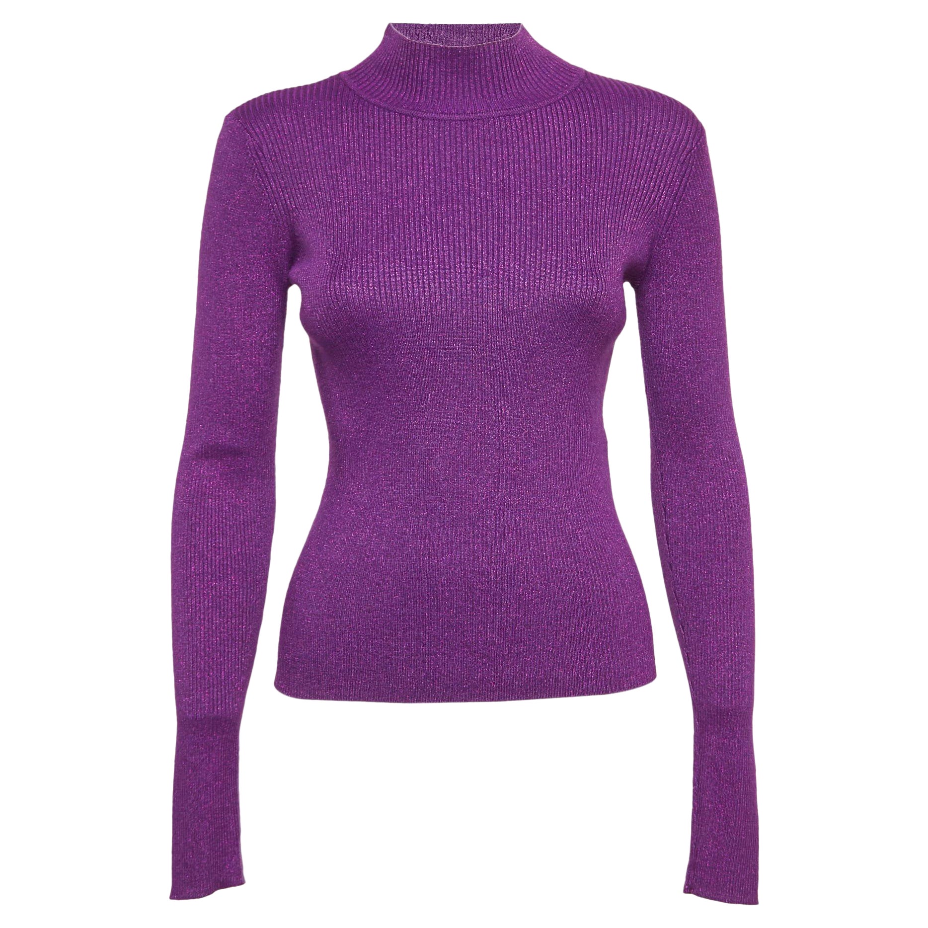 NBD Purple Lurex Rib Knit High Neck Pullover M