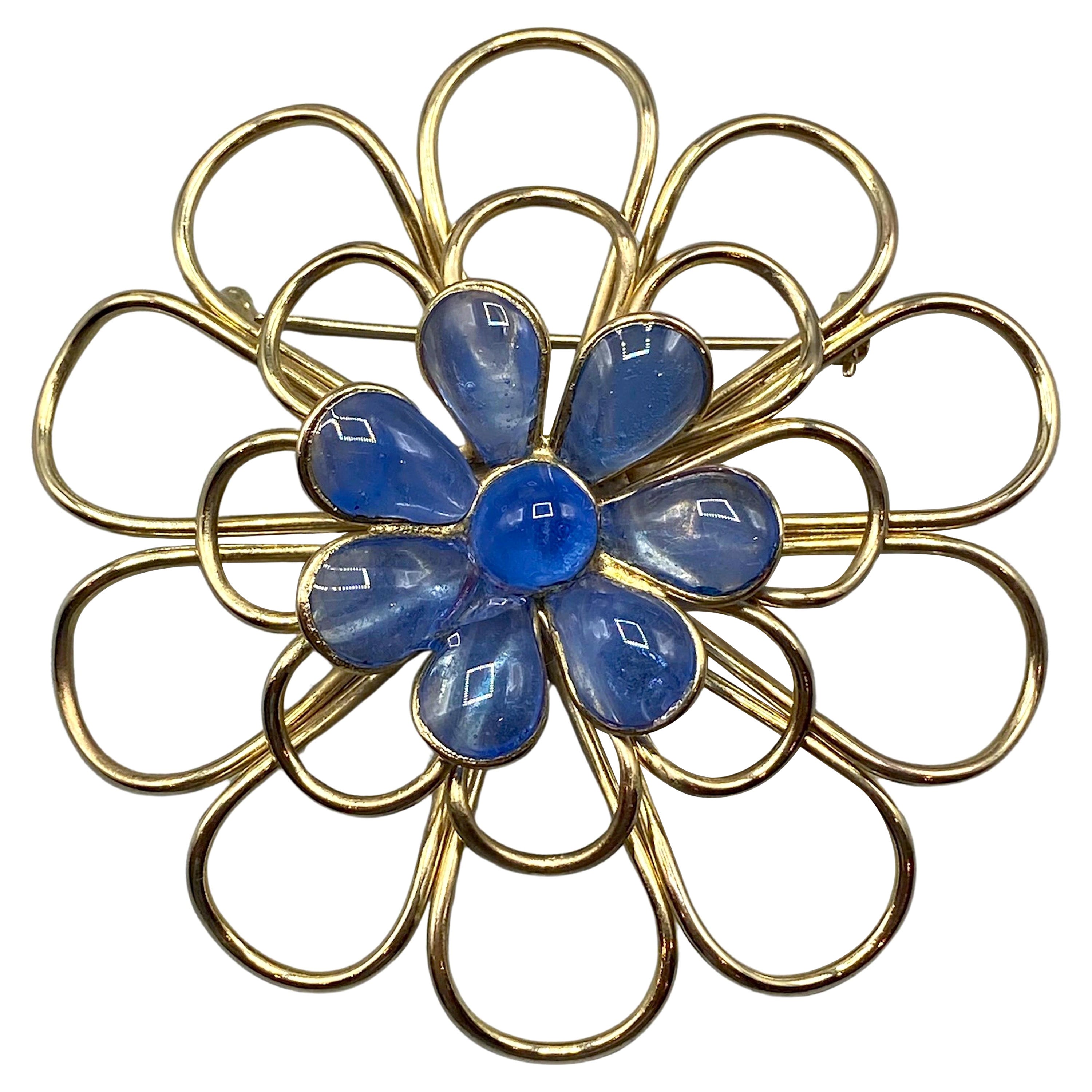 Augustine By Gripoix, Gold and Blue Poured Glass Flower Brooch For Sale