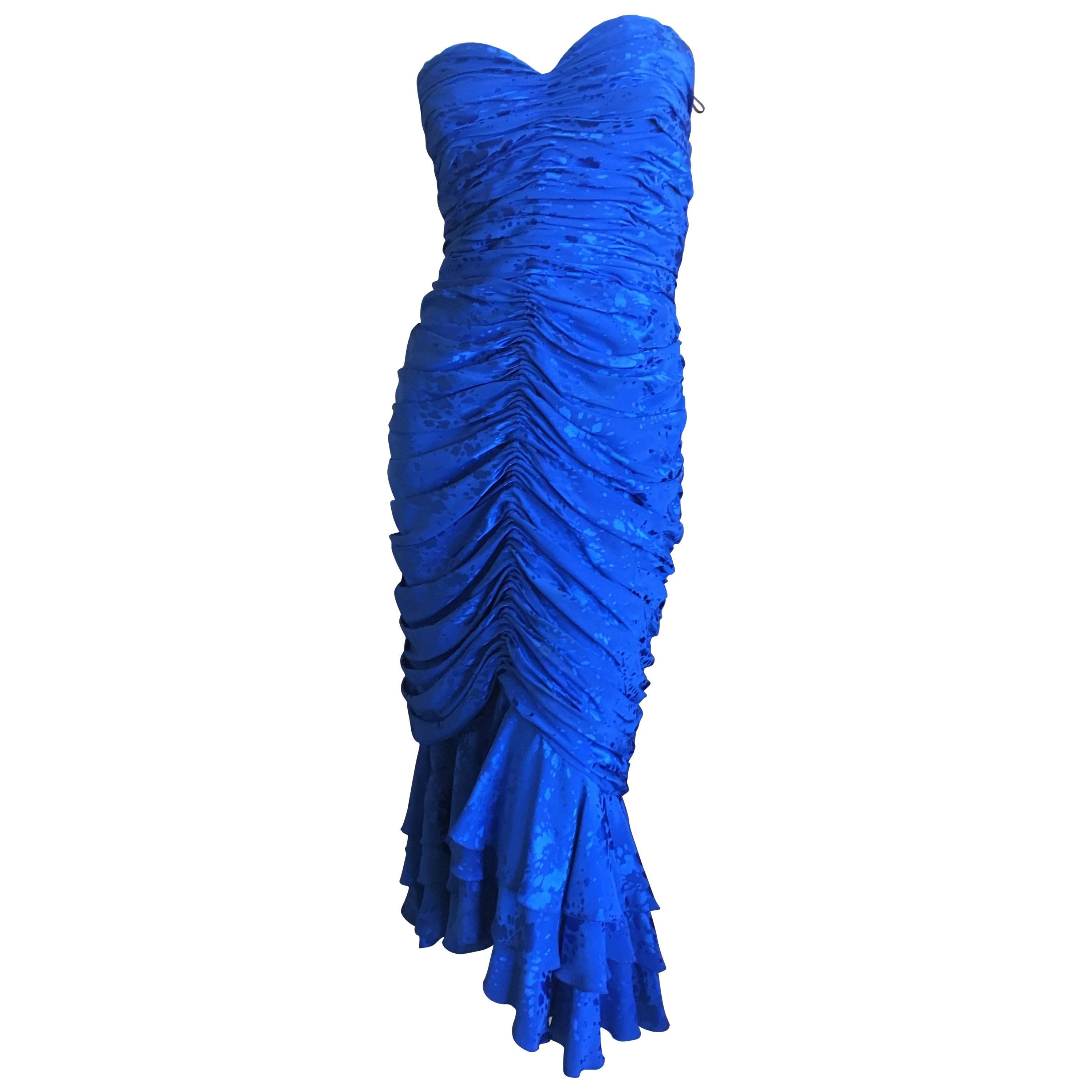 Loris Azzaro Couture 1970's Ruched Blue Silk Evening Dress For Sale