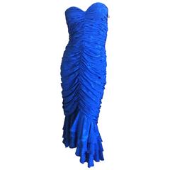 Loris Azzaro Couture 1970's Ruched Blue Silk Evening Dress