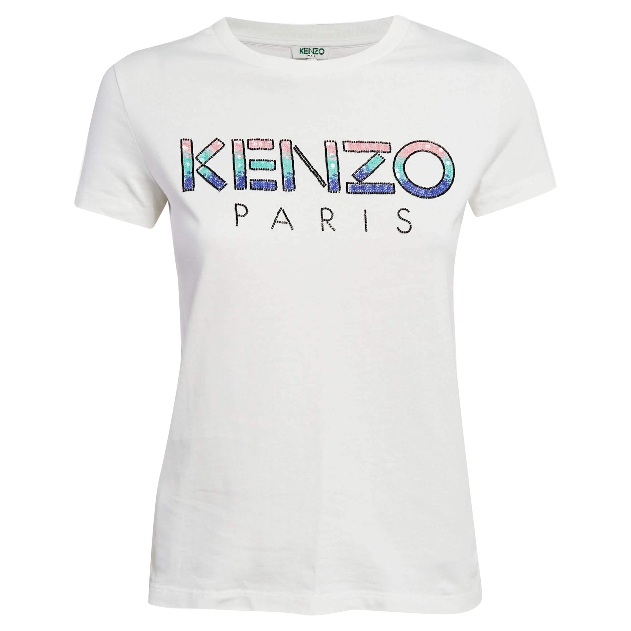 Kenzo Camiseta blanca de punto con logotipo embellecido S
