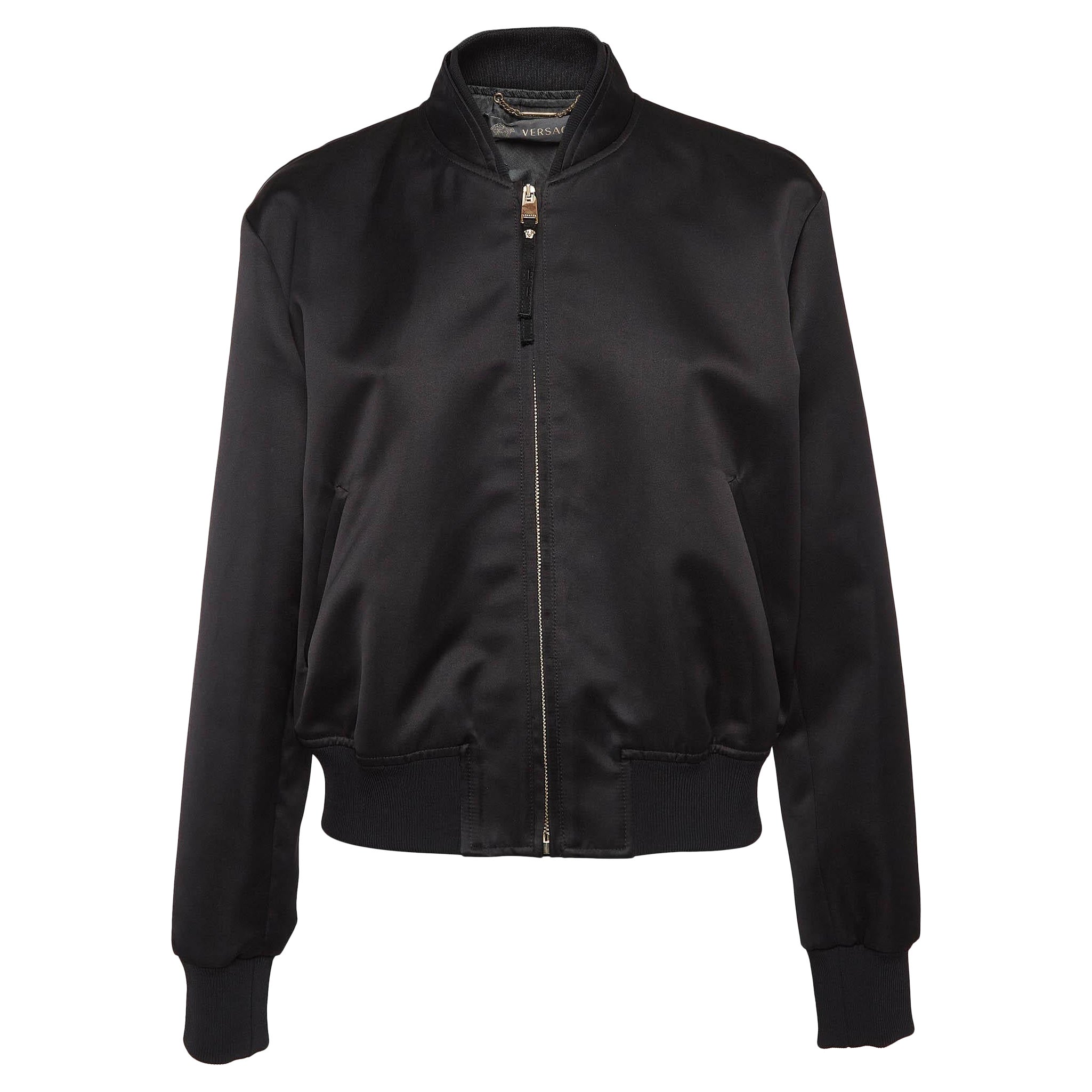 Versace Giacca Bomber in Raso Ricamato Medusa Nera M.