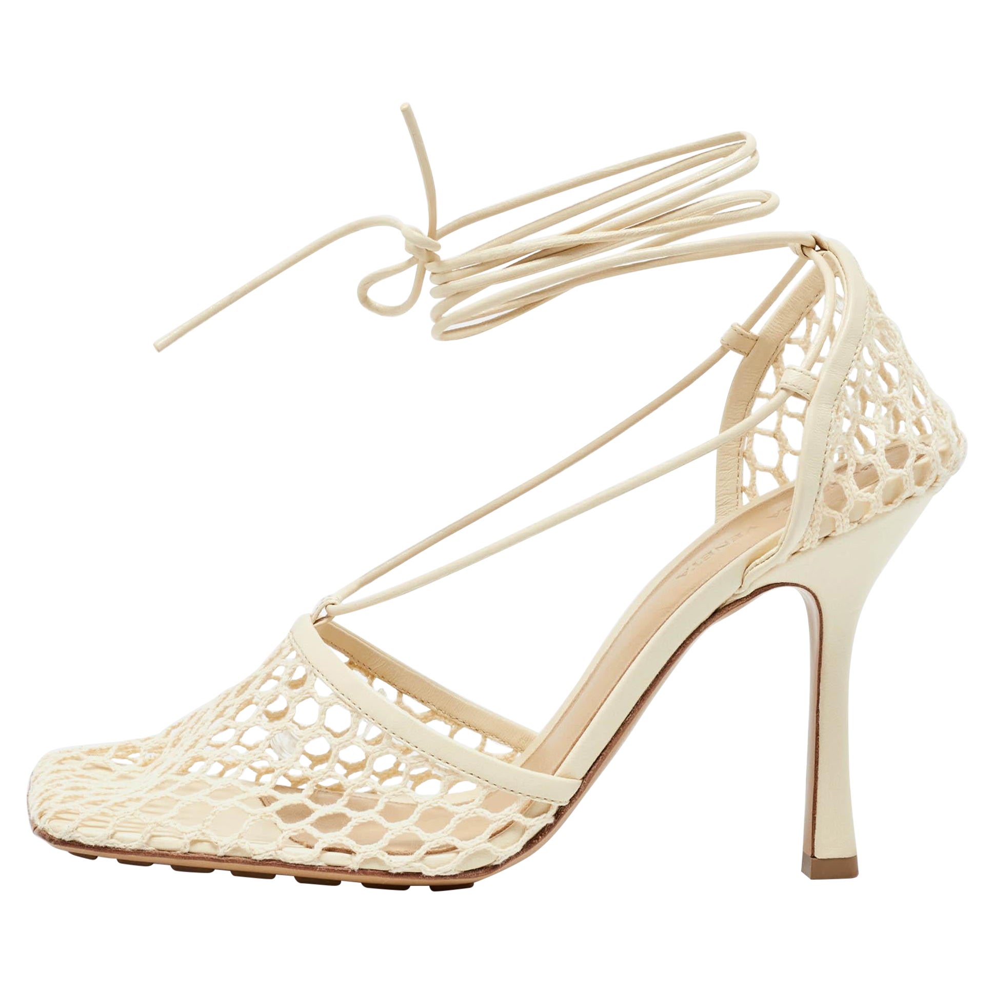 Bottega Veneta Cream Leather and Stretch Mesh Wrap Around Pumps Size 41