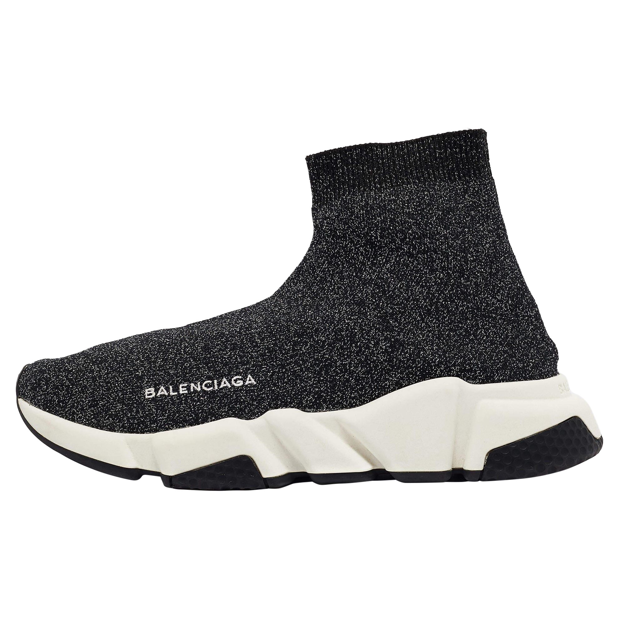 Balenciaga Black/Silver Lurex Fabric Speed Trainer Sneakers Size 38 For Sale