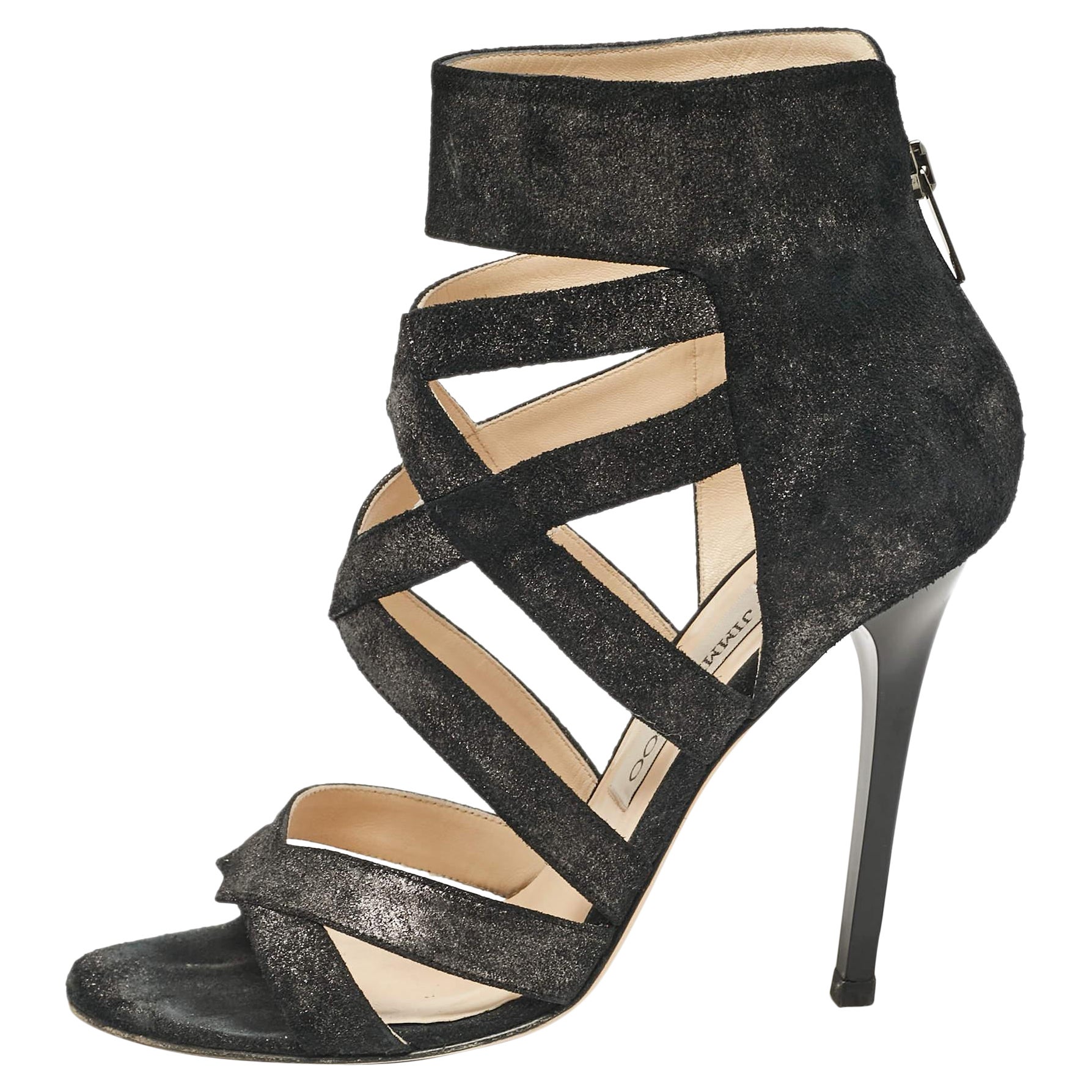 Jimmy Choo Black Glitter Suede Strappy Sandals Size 38.5 For Sale
