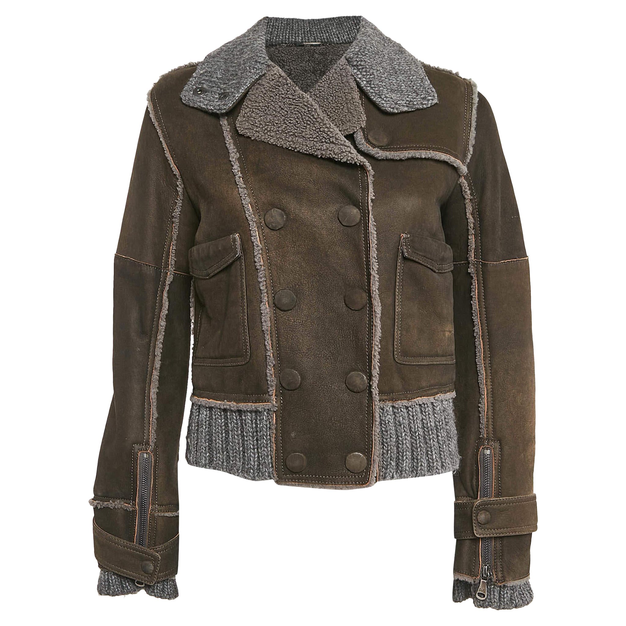 Dolce & Gabbana - Giacca in pelle marrone con finiture in shearling M.