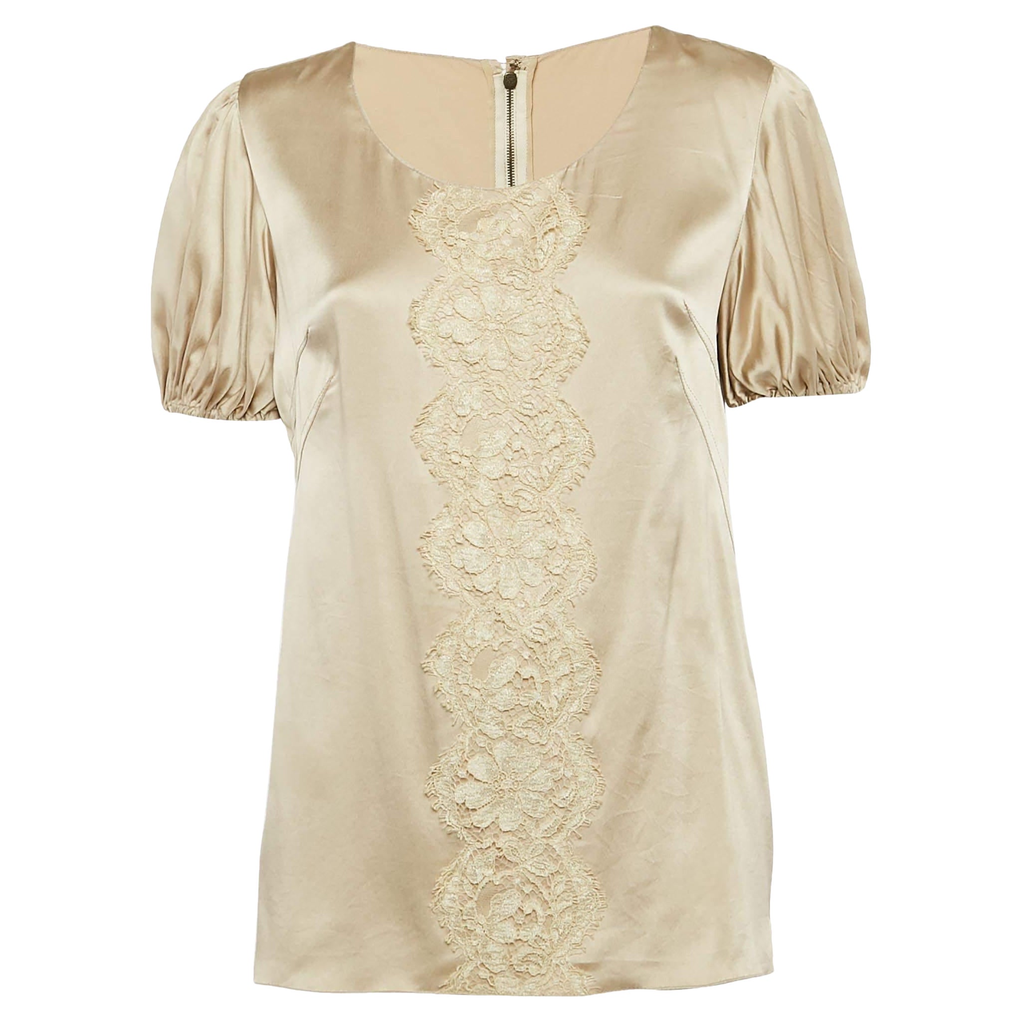 Dolce & Gabbana Cream Lace Trim Satin Puff Sleeve Blouse M For Sale