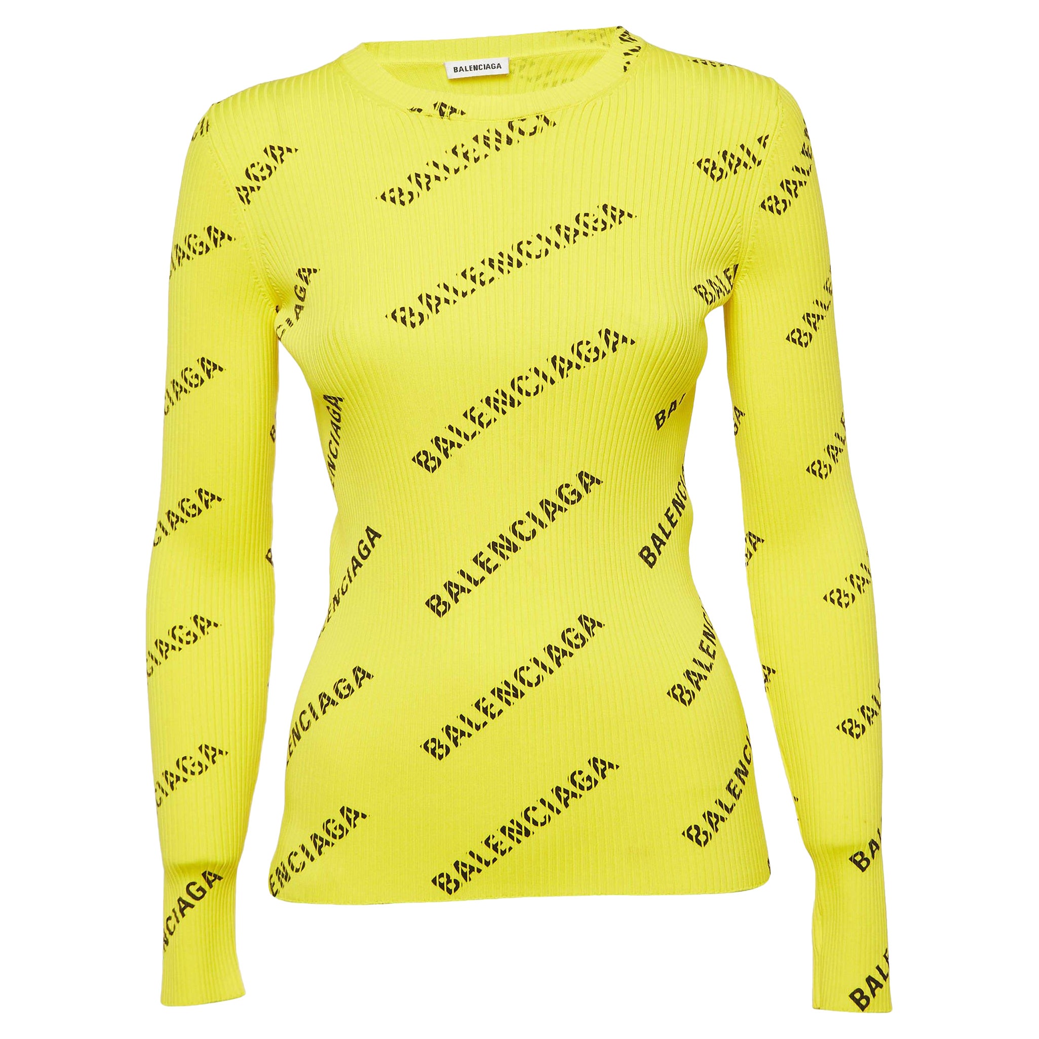 Balenciaga Gelbes Oberteil aus geripptem Strick mit Logodruck und voller Ärmeln M