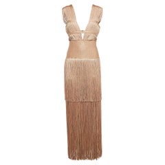 Herve Leger Metallic Lurex Knit Fringed Bodycon Evening Gown M