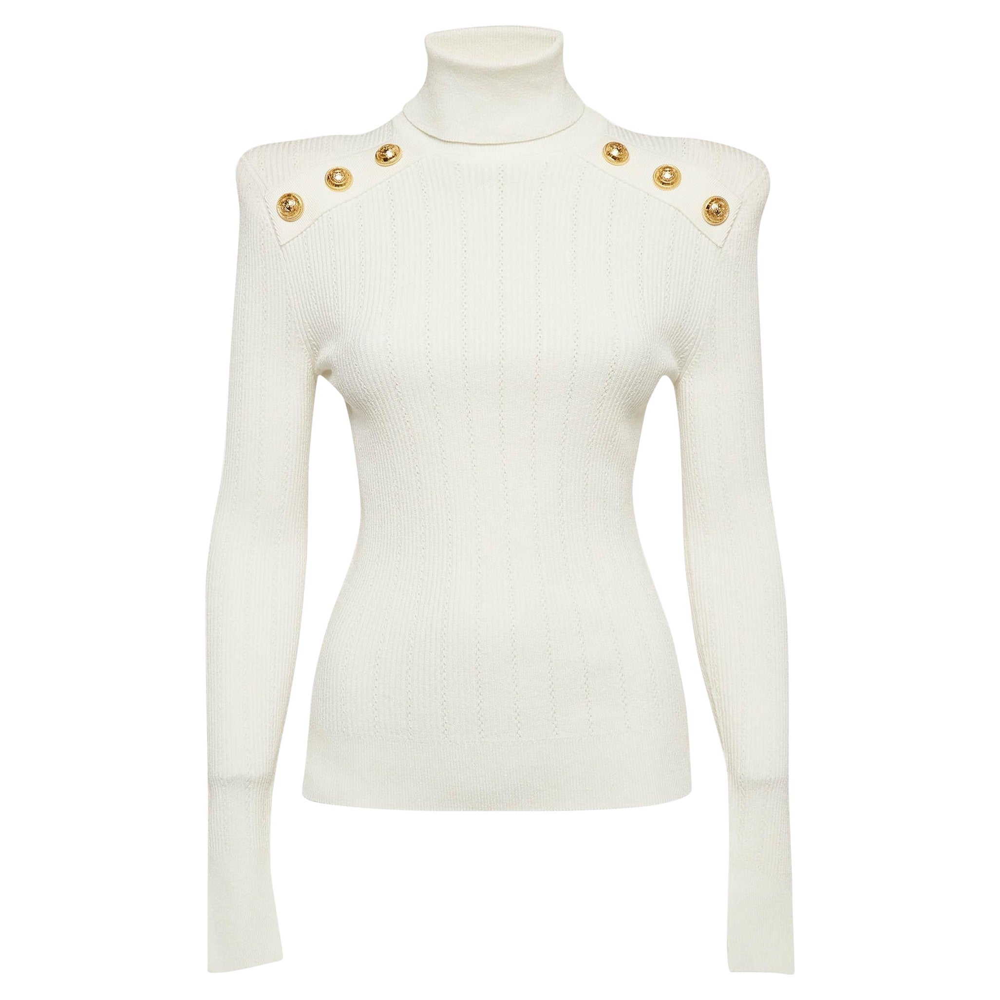 Balmain White Rib Knit Structured Shoulders Turtleneck Sweater M