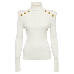 Balmain White Rib Knit Structured Shoulders Turtleneck Sweater M
