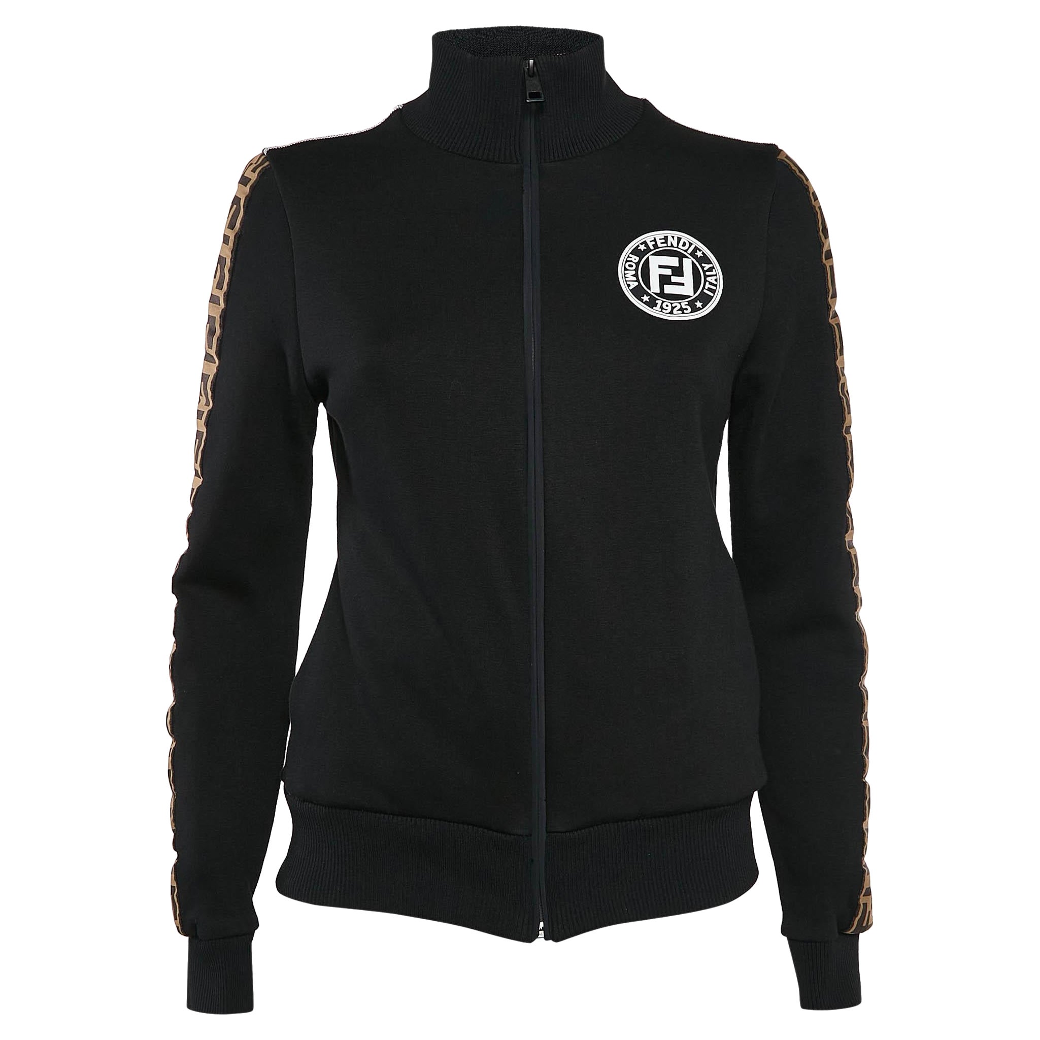 Fendi Schwarze Logo-Applikationen-Strickjacke mit Reißverschluss vorne M