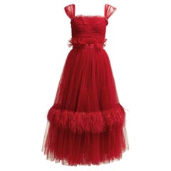 Dolce & Gabbana Red Dotted Tulle Feather Detail Midi Dress S