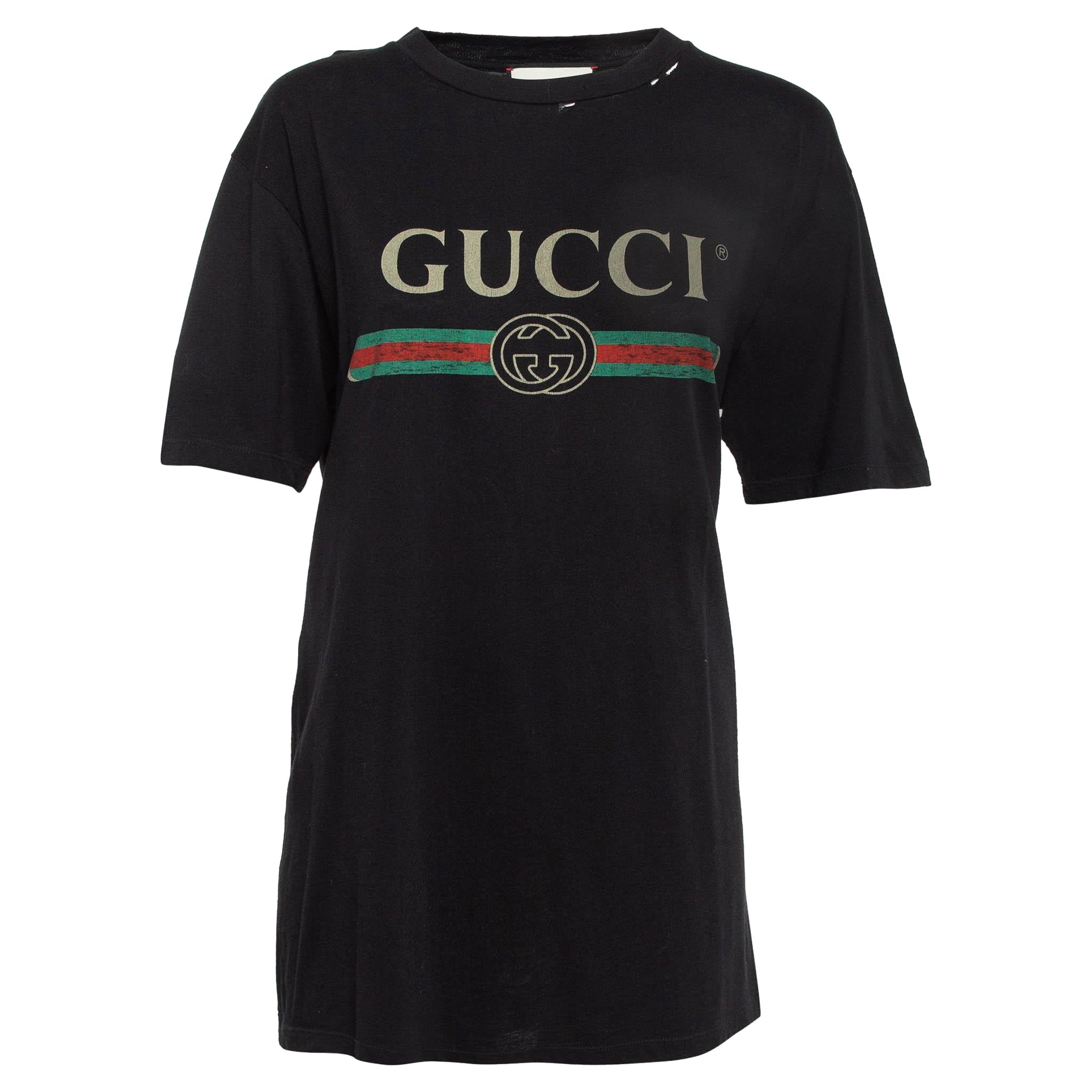 Gucci Black Logo Print Distressed Cotton T-Shirt M