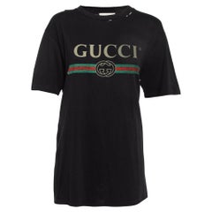 Gucci Black Logo Print Distressed Cotton T-Shirt M