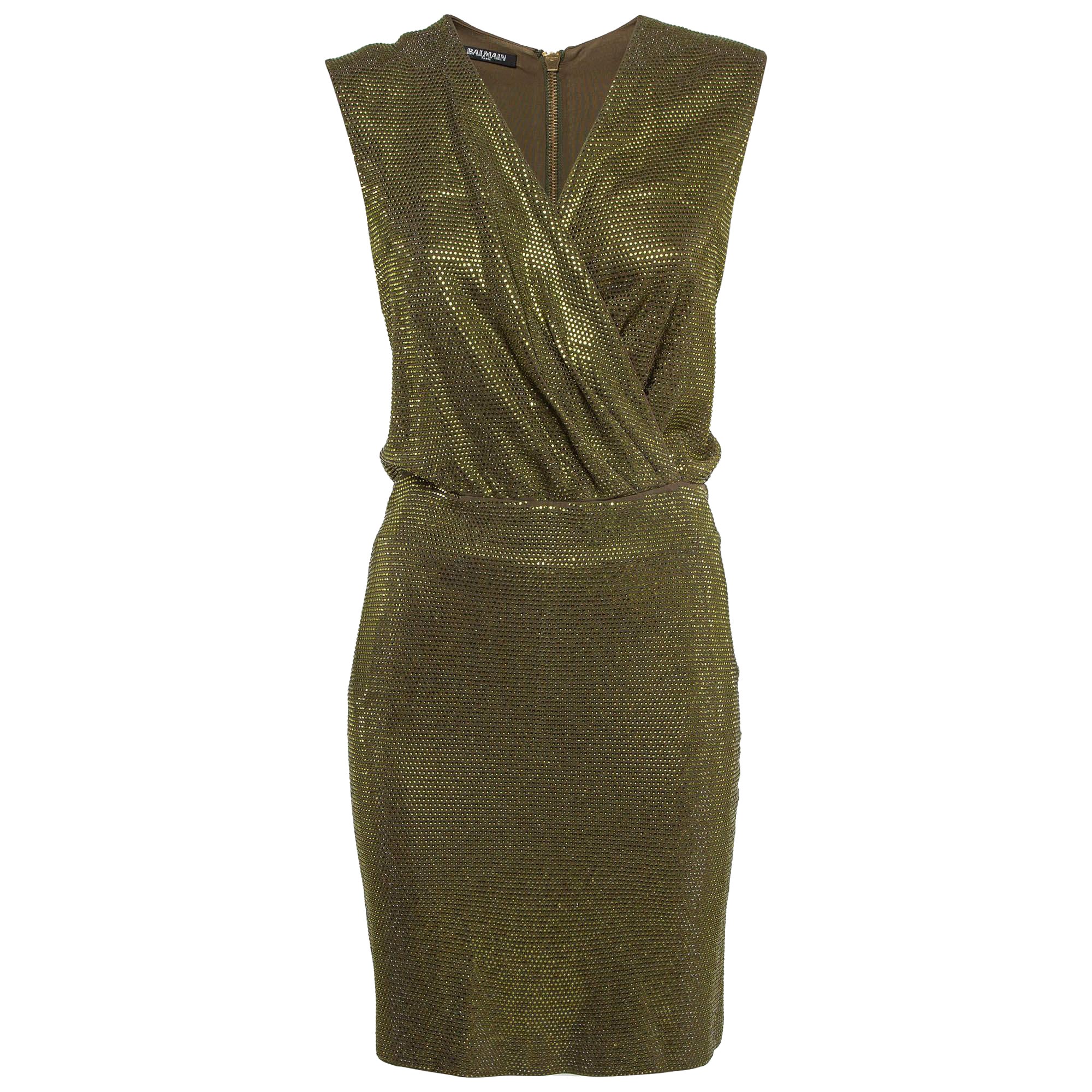 Balmain Green Embellished Jersey V-Neck Sleeveless Dress M For Sale