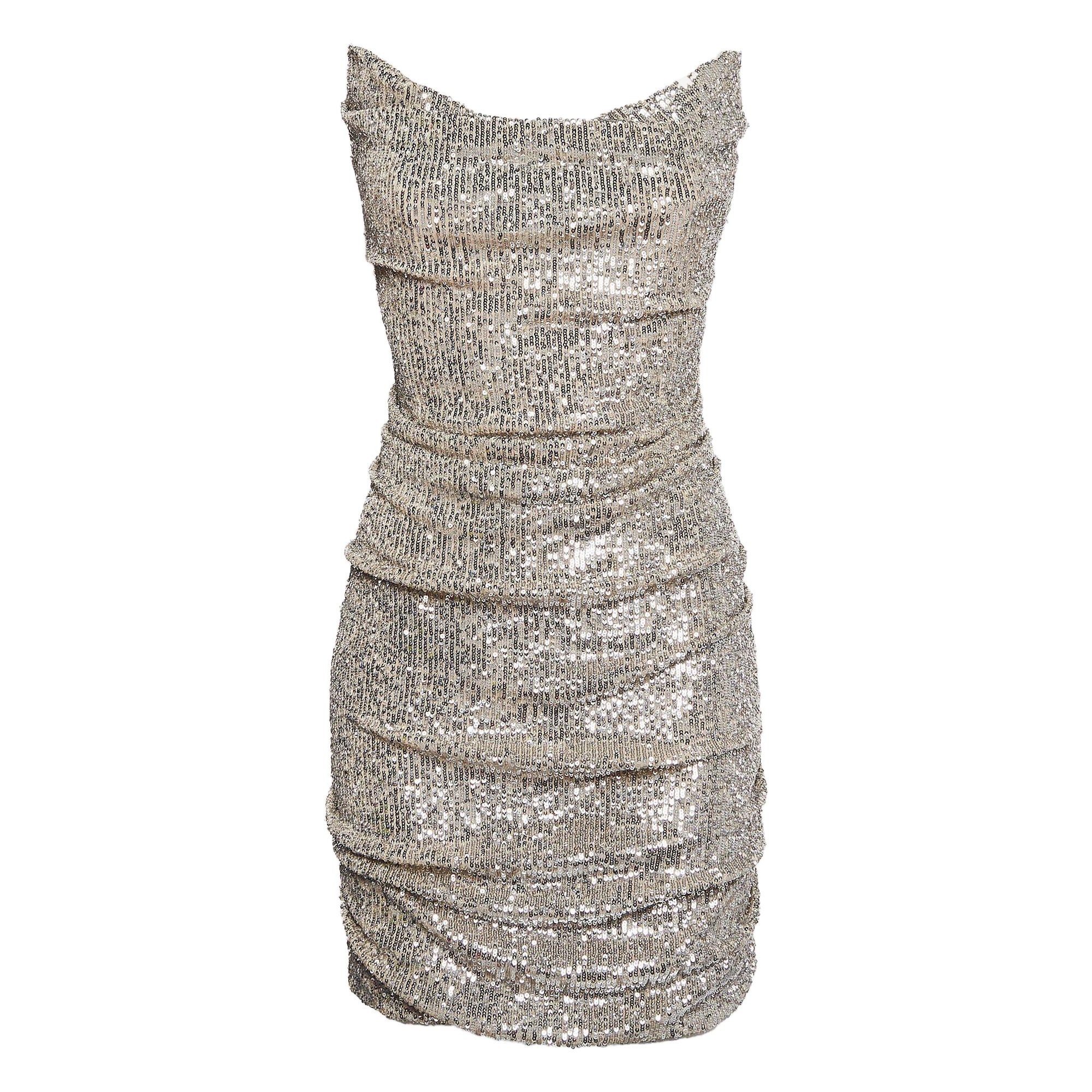 Reem Acra Mini vestido sin tirantes de lentejuelas plateadas con pliegues L