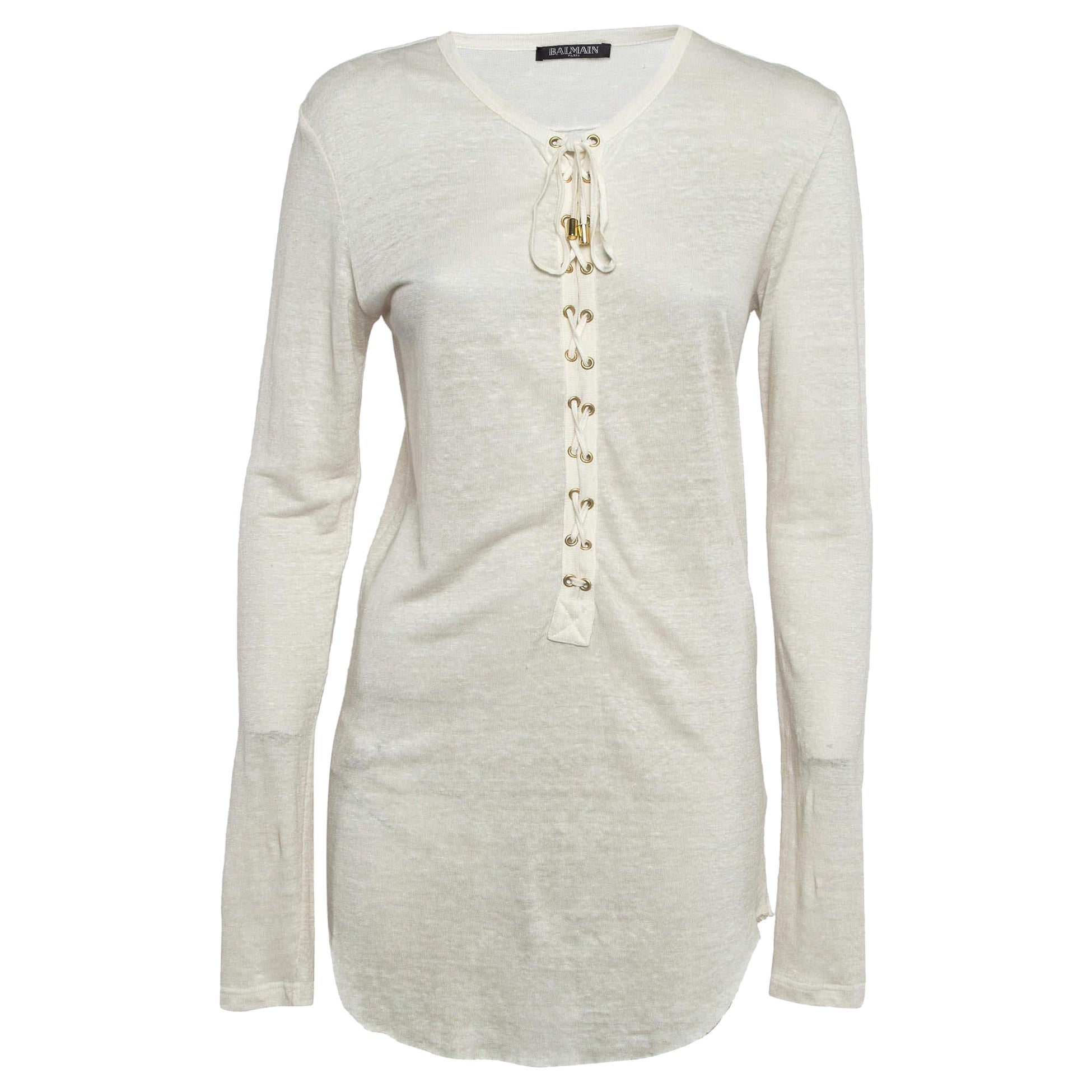 Top con cordones de punto de lino blanco roto Balmain M