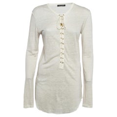 Balmain Off-White Leinenstrick-Spitzenoberteil mit Schnürung M