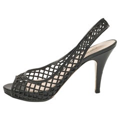 Miu Miu Black Leather Peep Toe Slingback Pumps Size 39.5