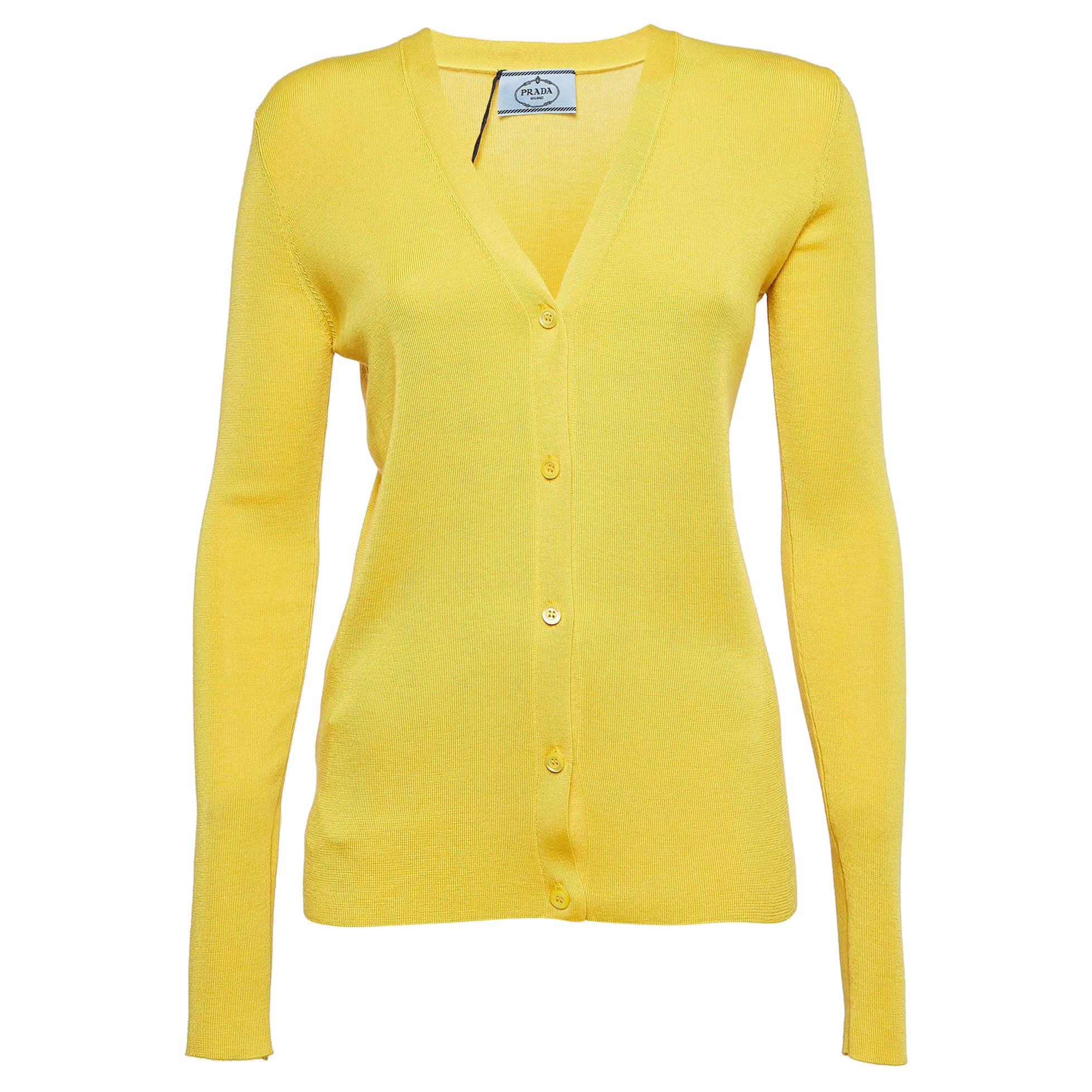 Prada Yellow Cashmere Blend Rib Knit Cardigan M