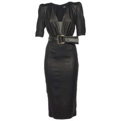Elisabetta Franchi Schwarzes Midikleid aus beschichtetem Krepp mit Gürtel M