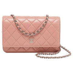 Chanel Peach Pink Quilted Leather CC Flap Wallet on Chain