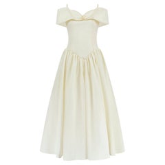 1990s Margaret Lee Cream Silk Off-Shoulder Wedding Dress with Bow