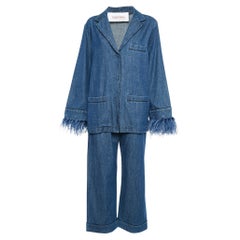 Valentino Blue Feather Trim Denim Shirt and Trouser Set M