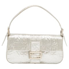 Fendi Silver Zucca Shimmer Fabric Baguette Flap Bag