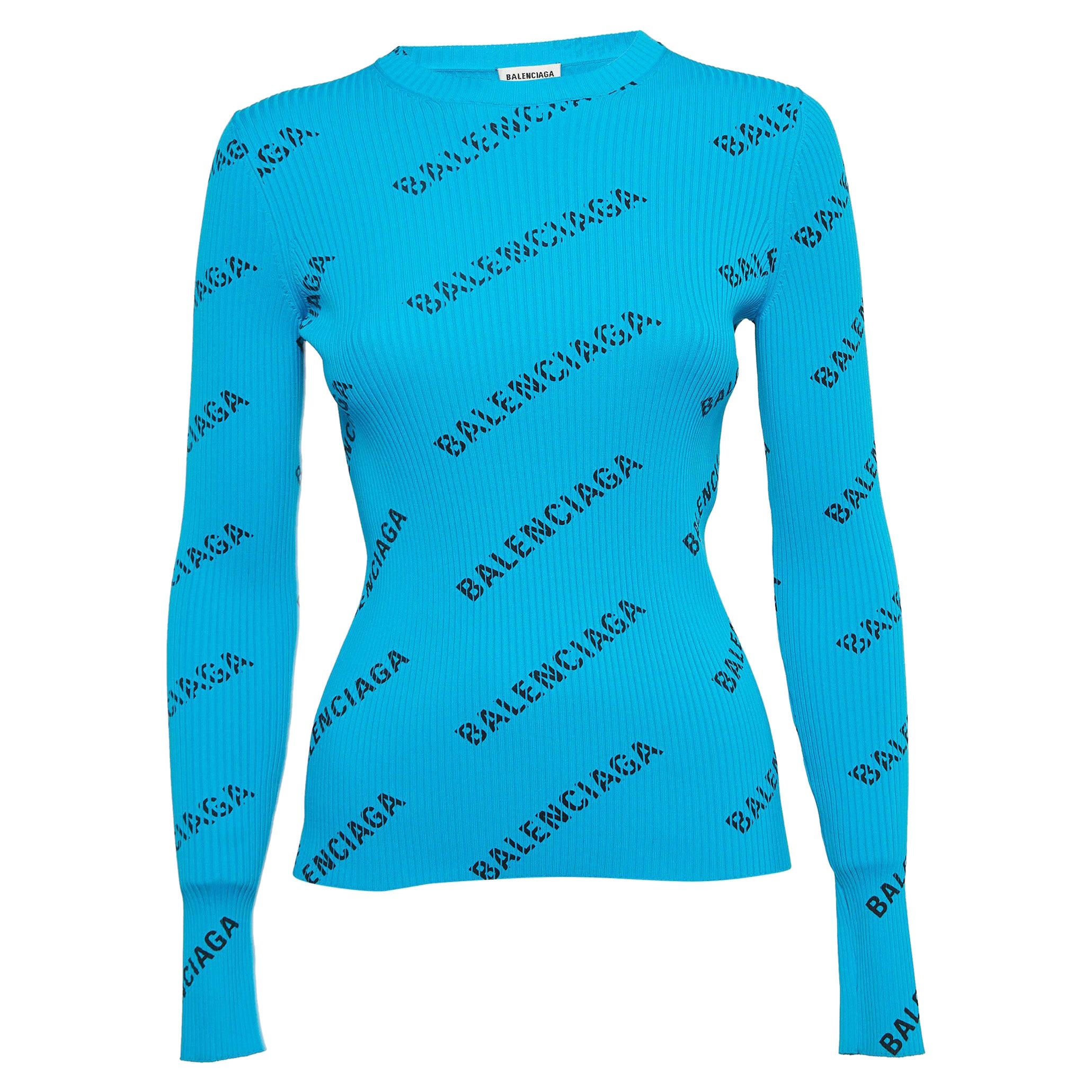 Balenciaga Blaues Rib-Strick-Oberteil mit vollen Ärmeln und Logodruck S