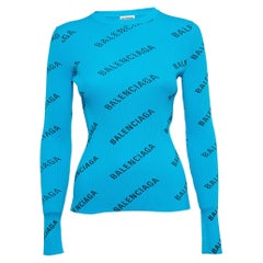 Balenciaga Camiseta de manga larga de punto de canalé con logotipo azul S