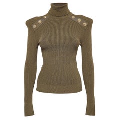Balmain Olive Green Knit High Neck Button Detailed Sweater M
