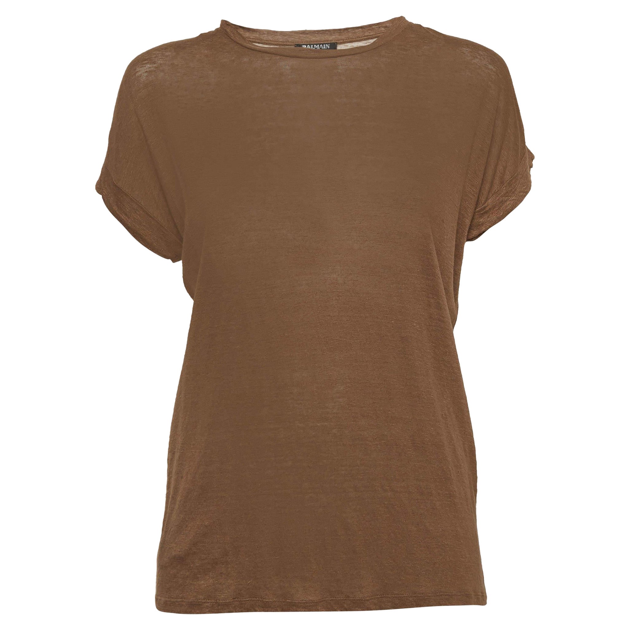 Balmain Brown Stretch Linen Jersey Rolled Sleeve T-Shirt S