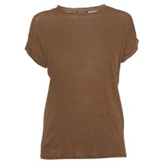 Balmain Brown Stretch Leinen Jersey T-Shirt mit gerollten Ärmeln S