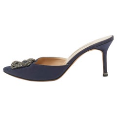 Manolo Blahnik Navy Blue Satin Hangisi Mules Size 40