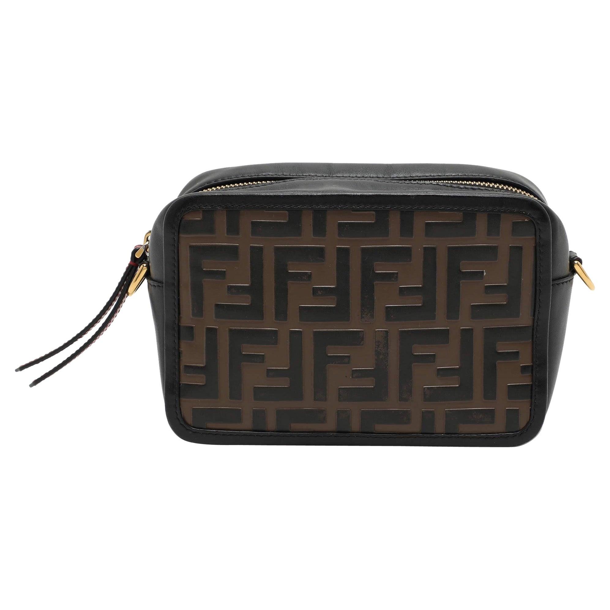 Fendi Schwarz/Braun FF Geprägtes Leder Mini Kamera Crossbody Tasche