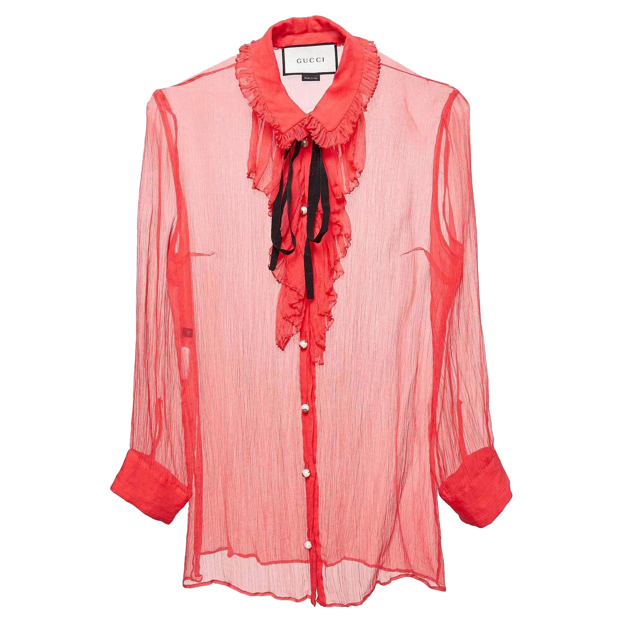 Gucci - Camicia rosa in chiffon con volant M. in vendita