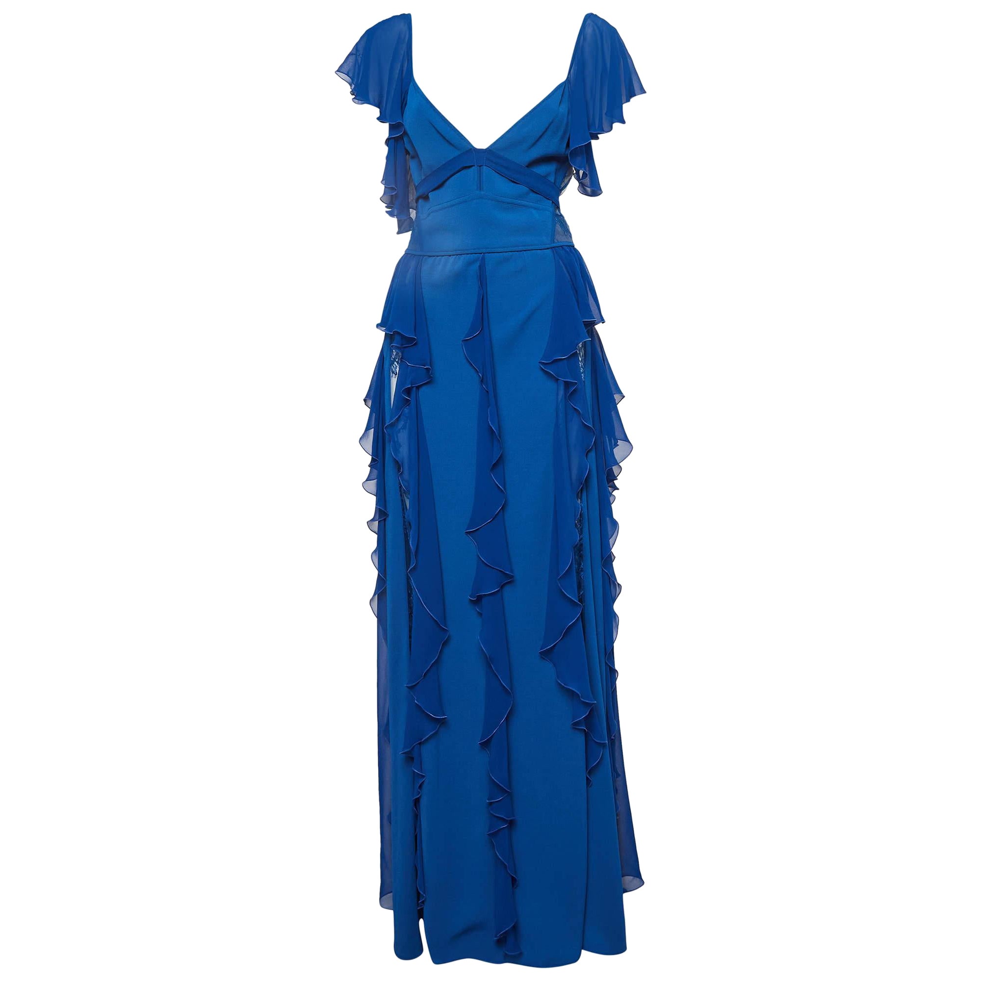 Elie Saab Blue Lace Trim Georgette Ruffled Gown S For Sale