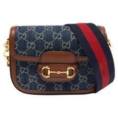Gucci Blue/Brown GG Denim and Leather Mini Horsebit 1955 Crossbody Bag