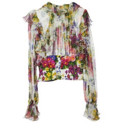 Dolce & Gabbana White Floral Print Silk Chiffon Ruffled Top M
