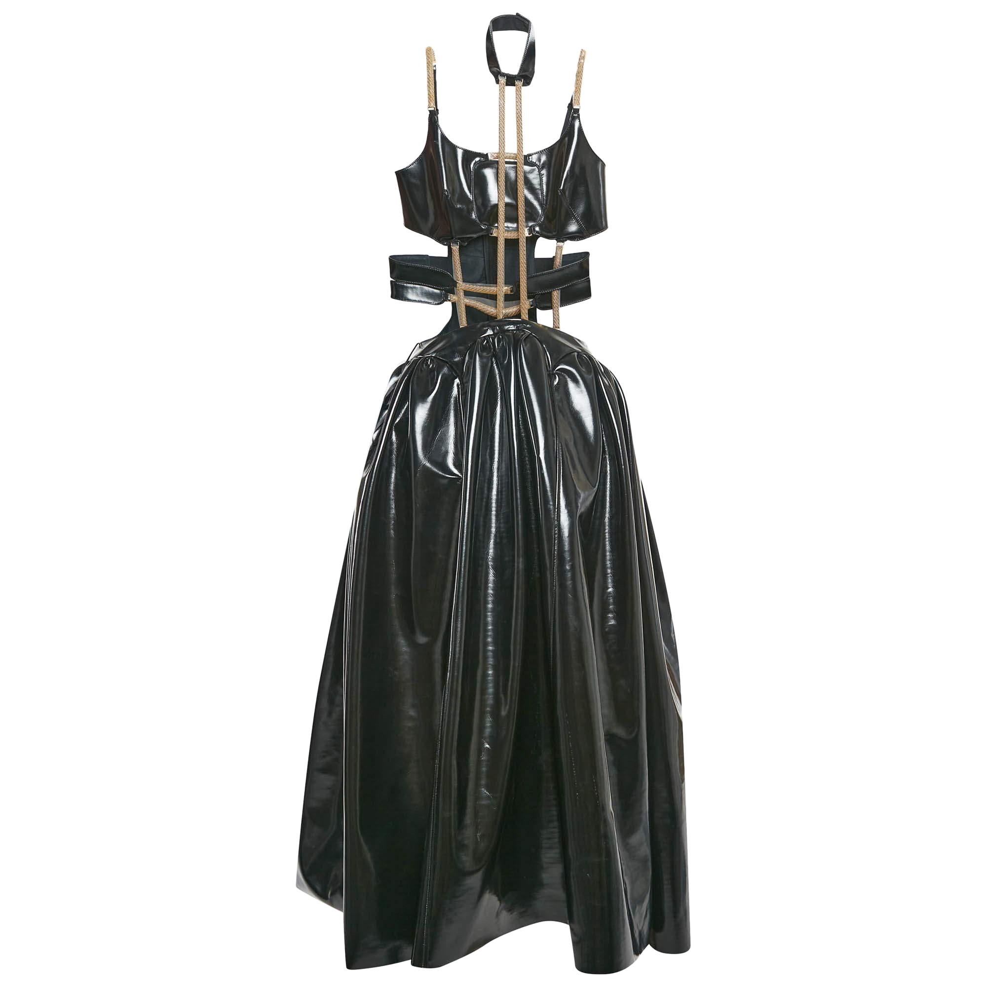 Christopher Kane Black Faux Leather Cut-Out Strap Detail Maxi Dress S For Sale