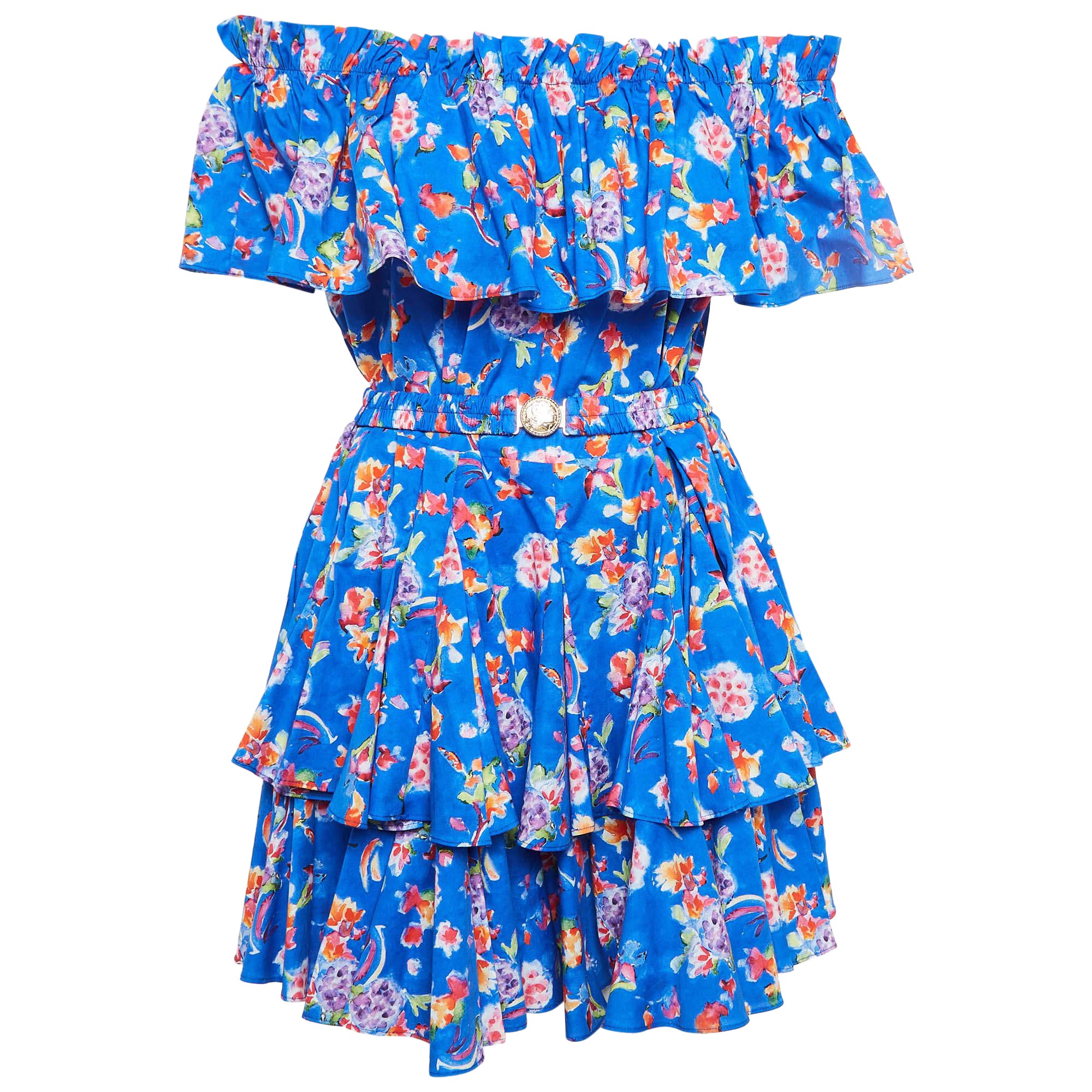 Caroline Constas Blue Printed Cotton Blend Ruffled Mini Dress M For Sale