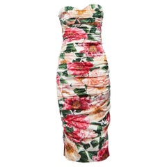 Dolce & Gabbana Pink Floral Print Silk Ruched Strapless Dress M