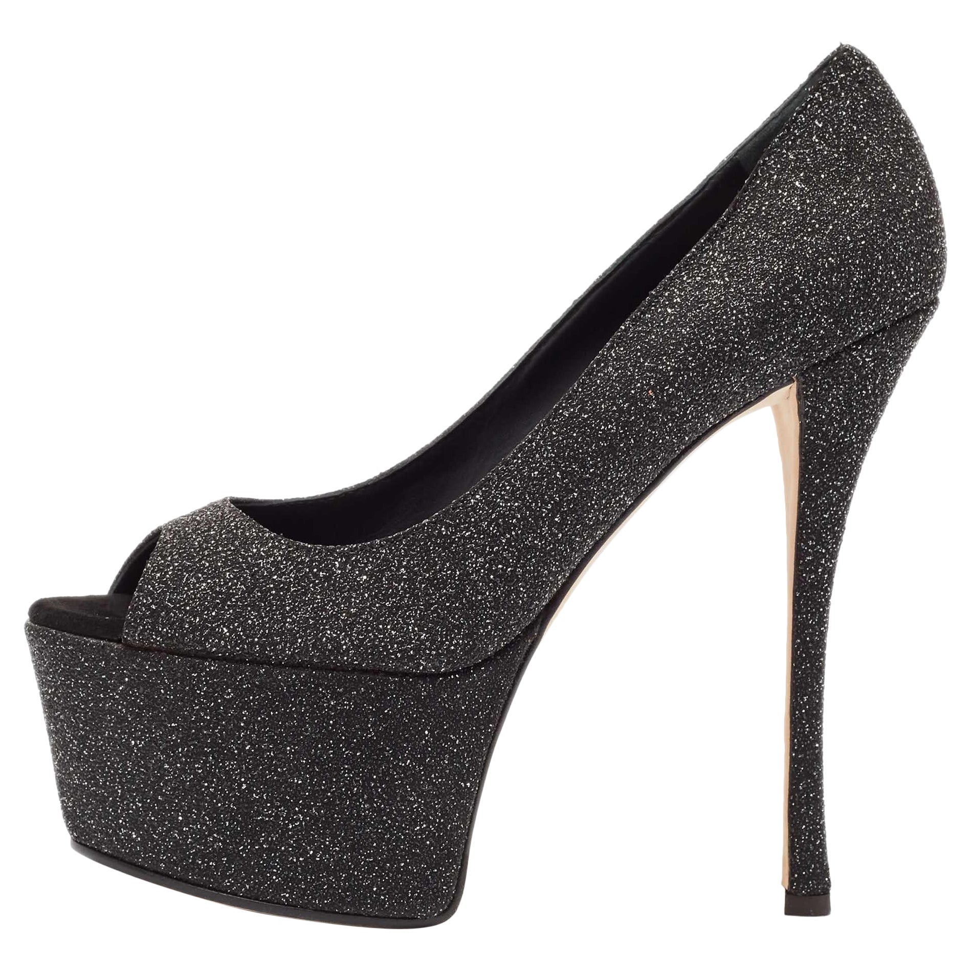 Giuseppe Zanotti Nero Glitter Suede Platform Peep Toe Pumps Taglia 39.5